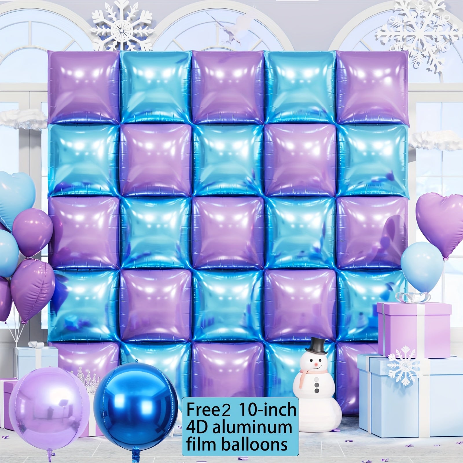 27 Pack, Blue And Purple Square Foil Balloons Wall, 19 Inch Double Sided Chrome Square Balloon Kit For Party, Princess Wedding, Anniversary, Birthday for party Decorations.