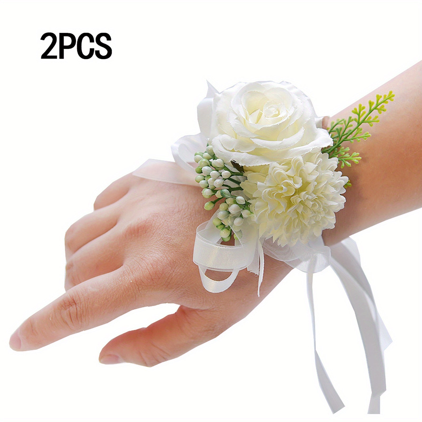 2pcs, Artificial Rose and Carnation Wrist Corsage Set for White Wedding and Prom Decorations