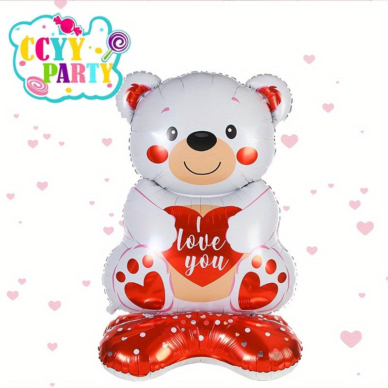 1pc Valentine's Day Teddy Bear Balloon Set with 58" Self-Sealing Heart Aluminum Balloons, "I Love You" Design - Ideal for Romantic Proposals, Weddings & Anniversaries, Valentines Decorations
