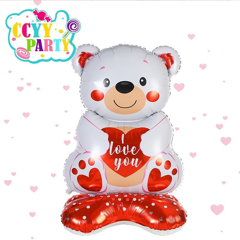 1pc Valentine's Day Teddy Bear Balloon Set with 58" Self-Sealing Heart Aluminum Balloons, "I Love You" Design - Ideal for Romantic Proposals, Weddings & Anniversaries, Valentines Decorations