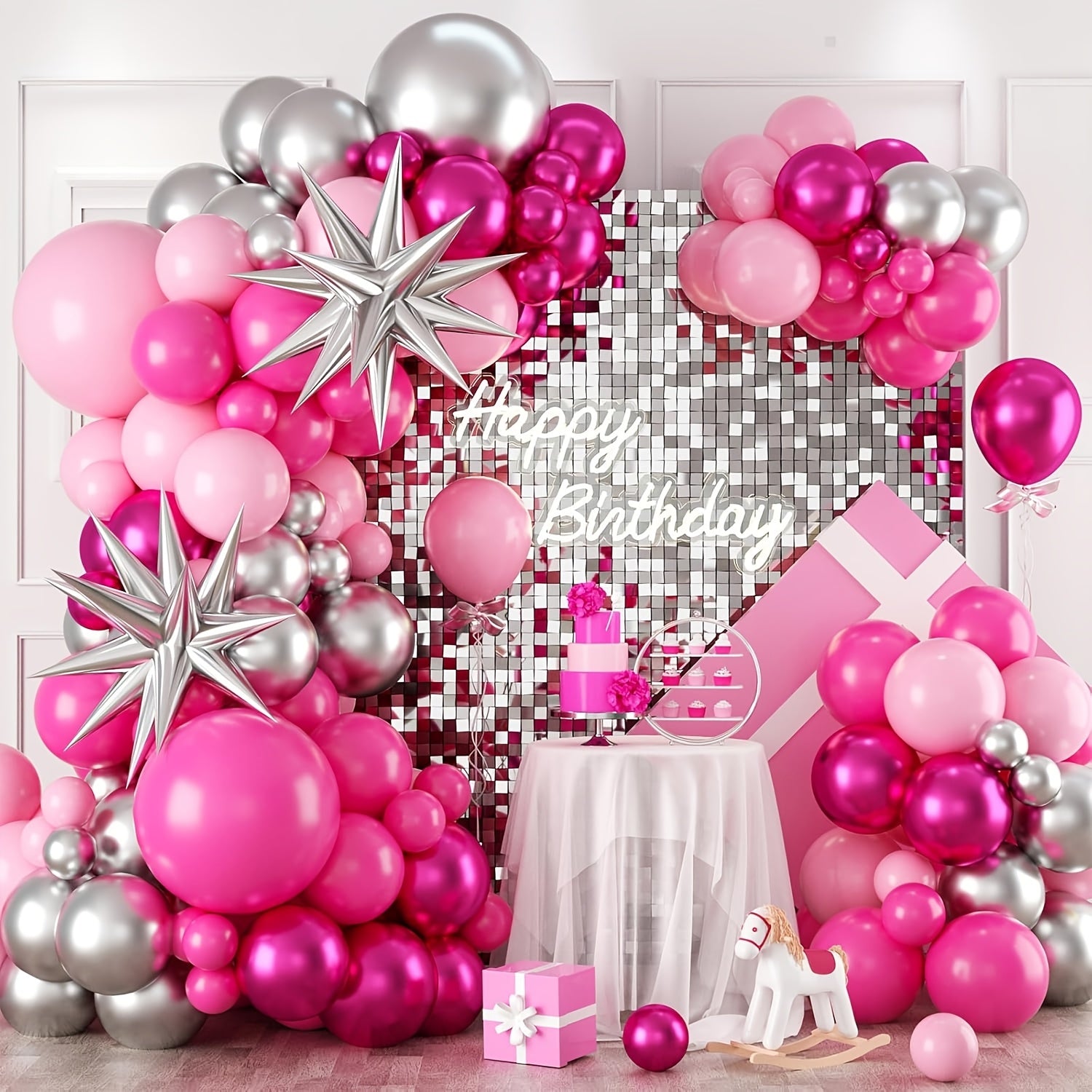 117pcs Pink & Silvery Balloon Arch Kit - Includes Pastel, Hot Pink & 4D Star Balloons for Princess Parties, Birthdays, Showers, Anniversaries, Weddings & Valentine's Day Decorations