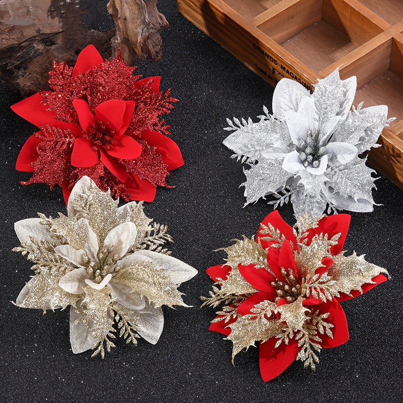 20pcs Glitter Poinsettia Artificial Flower for Christmas Decor, Weddings, Parties, Wreaths, and Garlands