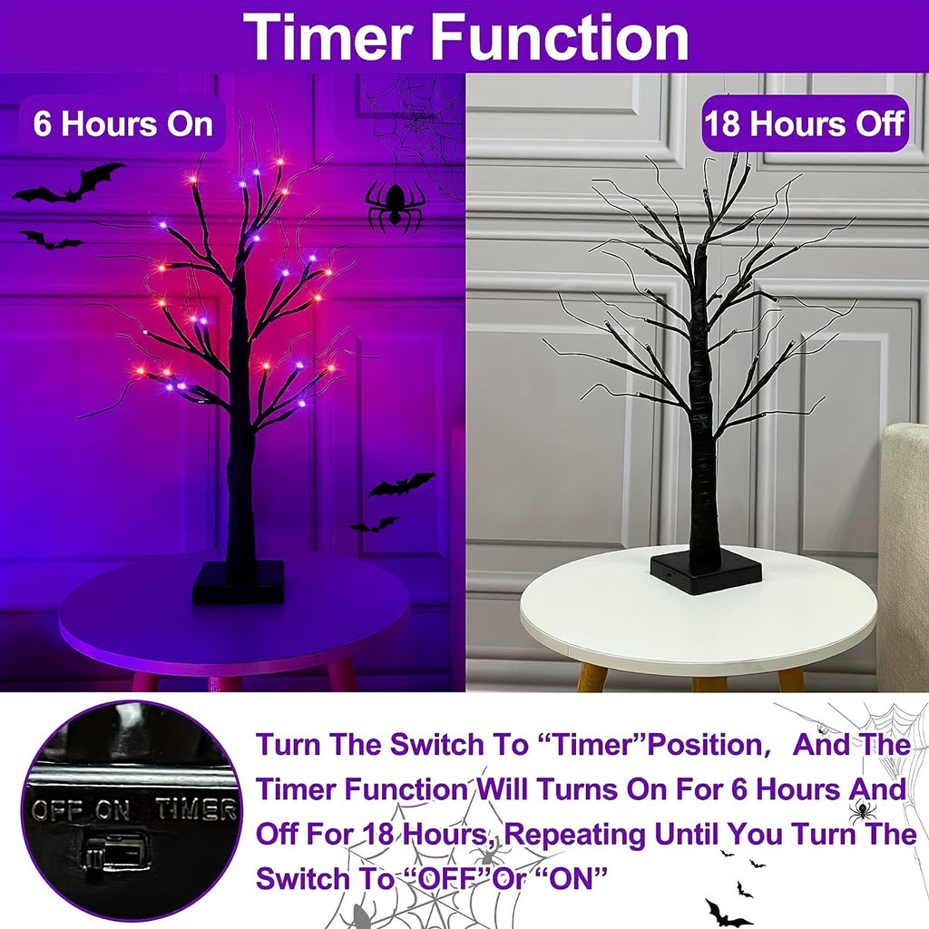 1pc 2FT Orange And Purple Lighting Halloween Decorative Tree Lights With Timer 24 LED Branch Tree Lights In Total, USB And Battery Powered, Artificial Black Desktop Ghost Tree Lights, Indoor Home Party Decoration