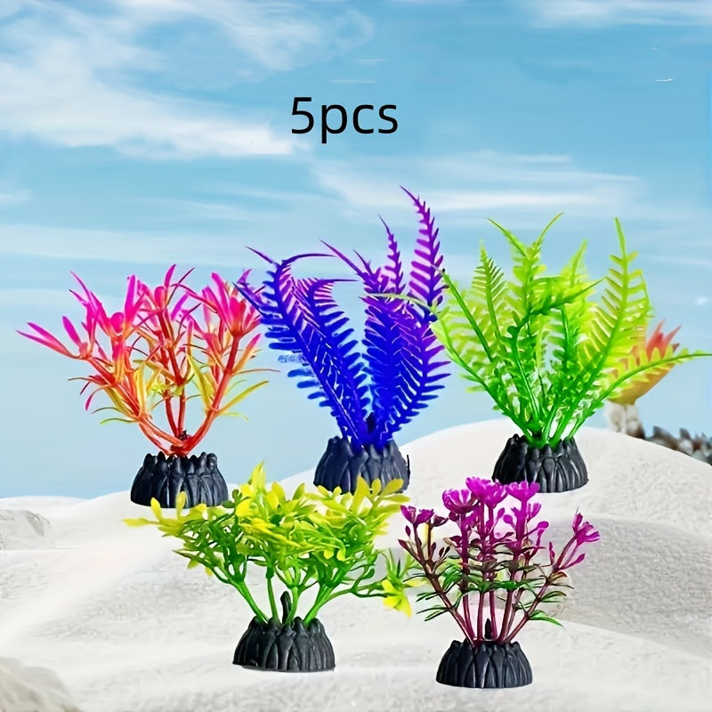 Colorful Ocean - 5-Piece Vibrant Aquarium Artificial Plant Set, Durable PVC, Realistic Fish Tank Decorations with Automatically Sinking Base