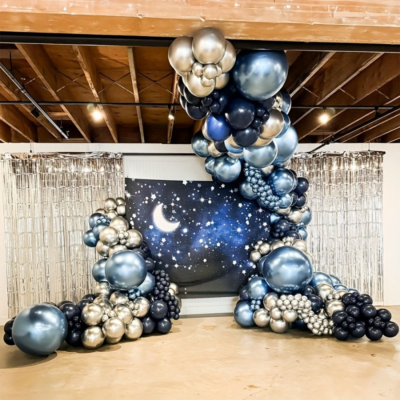 94pcs blue and Silvery balloon arch kit, navy blue, dark blue, and Silvery balloon flower wreath with metallic royal blue, light blue, and Silvery confetti party balloons for birthdays, weddings, graduations, and party decora