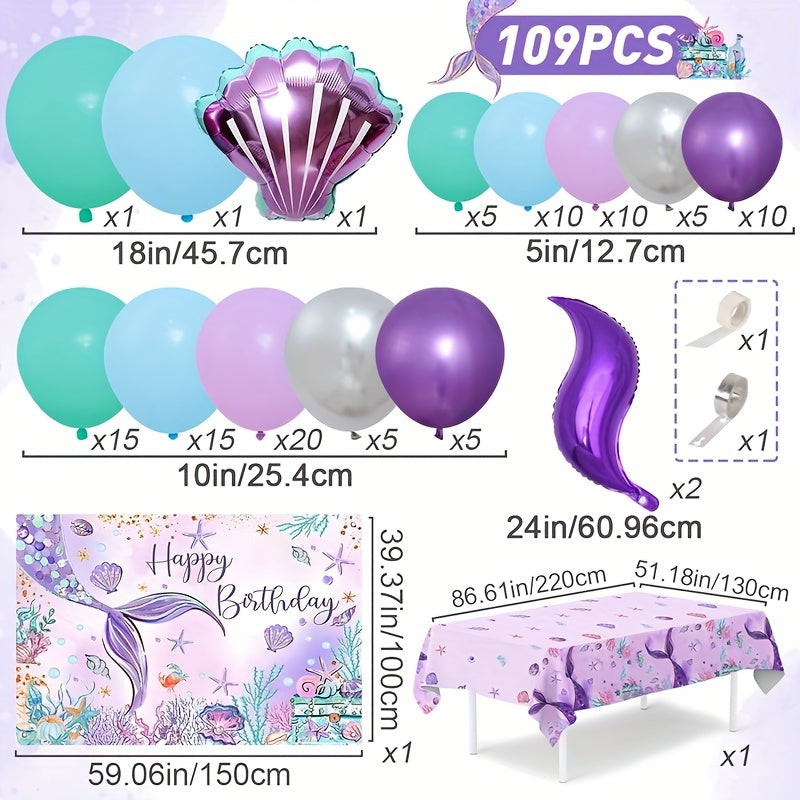 109pcs Mermaid Themed Background Cloth Balloon Tablecloth Set, Purple Mermaid Balloon Set, Mermaid Tail Balloons Arch Kit With Background Banner, Birthday Decorations Baby Shower Event And Party Supplies