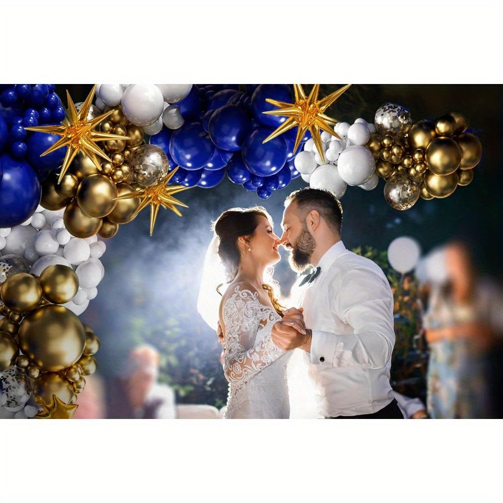 136pcs, Royal Blue And Golden Balloons Arch Garland Kit With Starburst Foil Balloons, 5 10 18 Inch Navy Blue White And Golden Balloon For Anniversary Wedding New Year Birthday Party Decorations