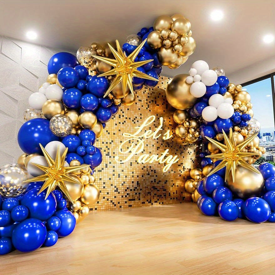 136pcs, Royal Blue And Golden Balloons Arch Garland Kit With Starburst Foil Balloons, 5 10 18 Inch Navy Blue White And Golden Balloon For Anniversary Wedding New Year Birthday Party Decorations