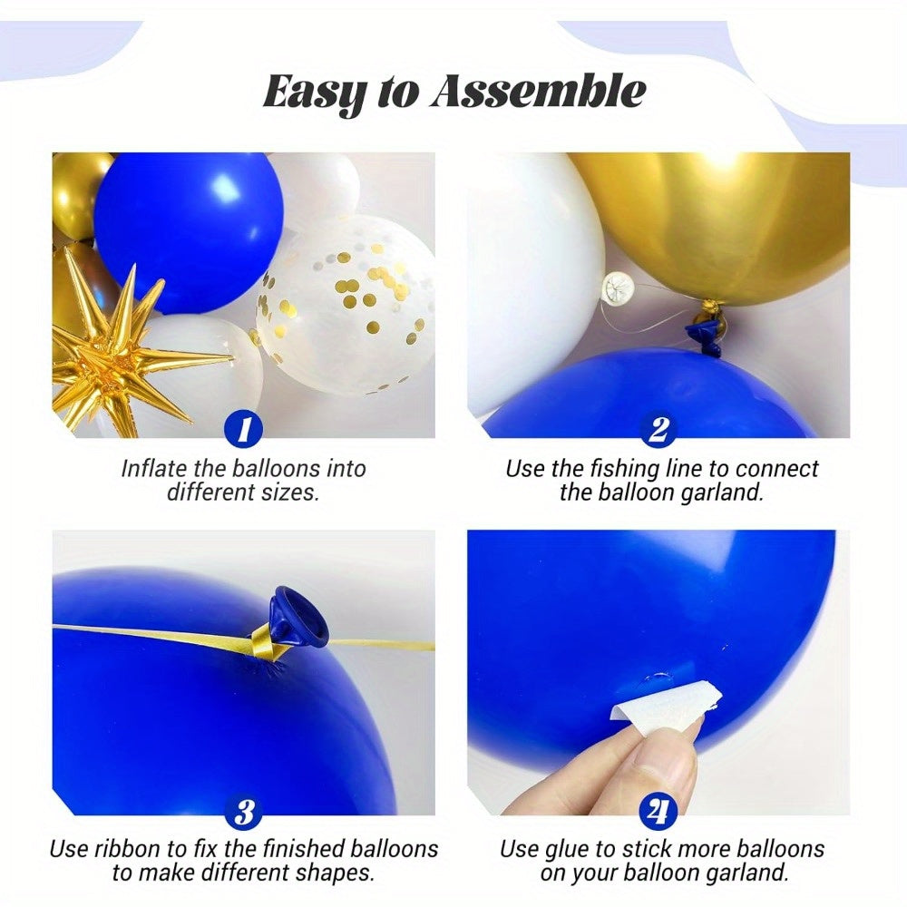 136pcs, Royal Blue And Golden Balloons Arch Garland Kit With Starburst Foil Balloons, 5 10 18 Inch Navy Blue White And Golden Balloon For Anniversary Wedding New Year Birthday Party Decorations