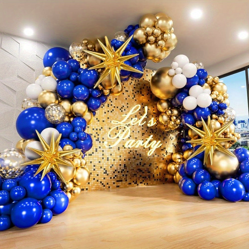 136pcs, Royal Blue And Golden Balloons Arch Garland Kit With Starburst Foil Balloons, 5 10 18 Inch Navy Blue White And Golden Balloon For Anniversary Wedding New Year Birthday Party Decorations