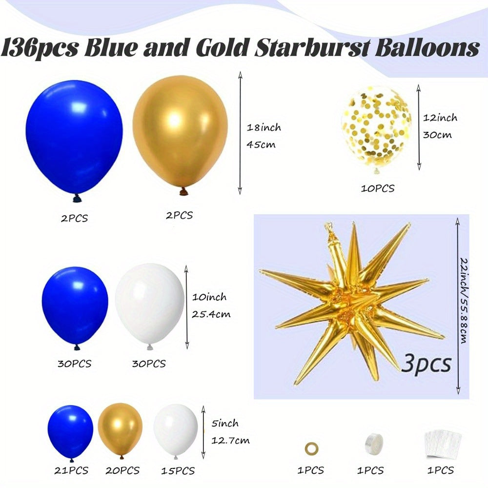 136pcs, Royal Blue And Golden Balloons Arch Garland Kit With Starburst Foil Balloons, 5 10 18 Inch Navy Blue White And Golden Balloon For Anniversary Wedding New Year Birthday Party Decorations