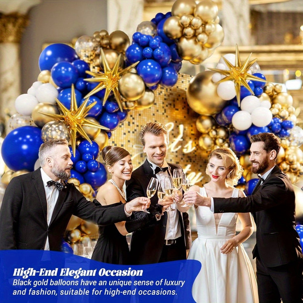 136pcs, Royal Blue And Golden Balloons Arch Garland Kit With Starburst Foil Balloons, 5 10 18 Inch Navy Blue White And Golden Balloon For Anniversary Wedding New Year Birthday Party Decorations