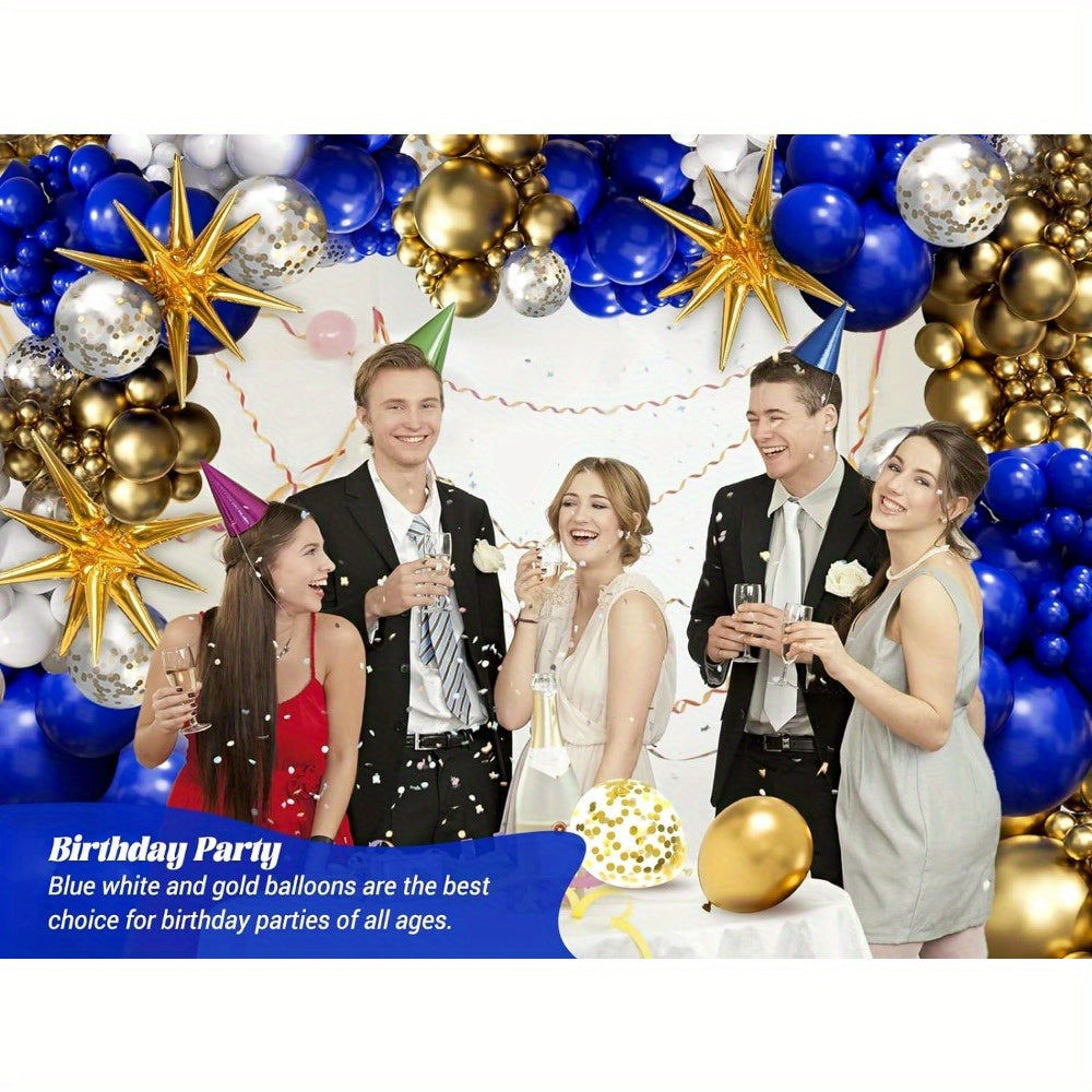 136pcs, Royal Blue And Golden Balloons Arch Garland Kit With Starburst Foil Balloons, 5 10 18 Inch Navy Blue White And Golden Balloon For Anniversary Wedding New Year Birthday Party Decorations