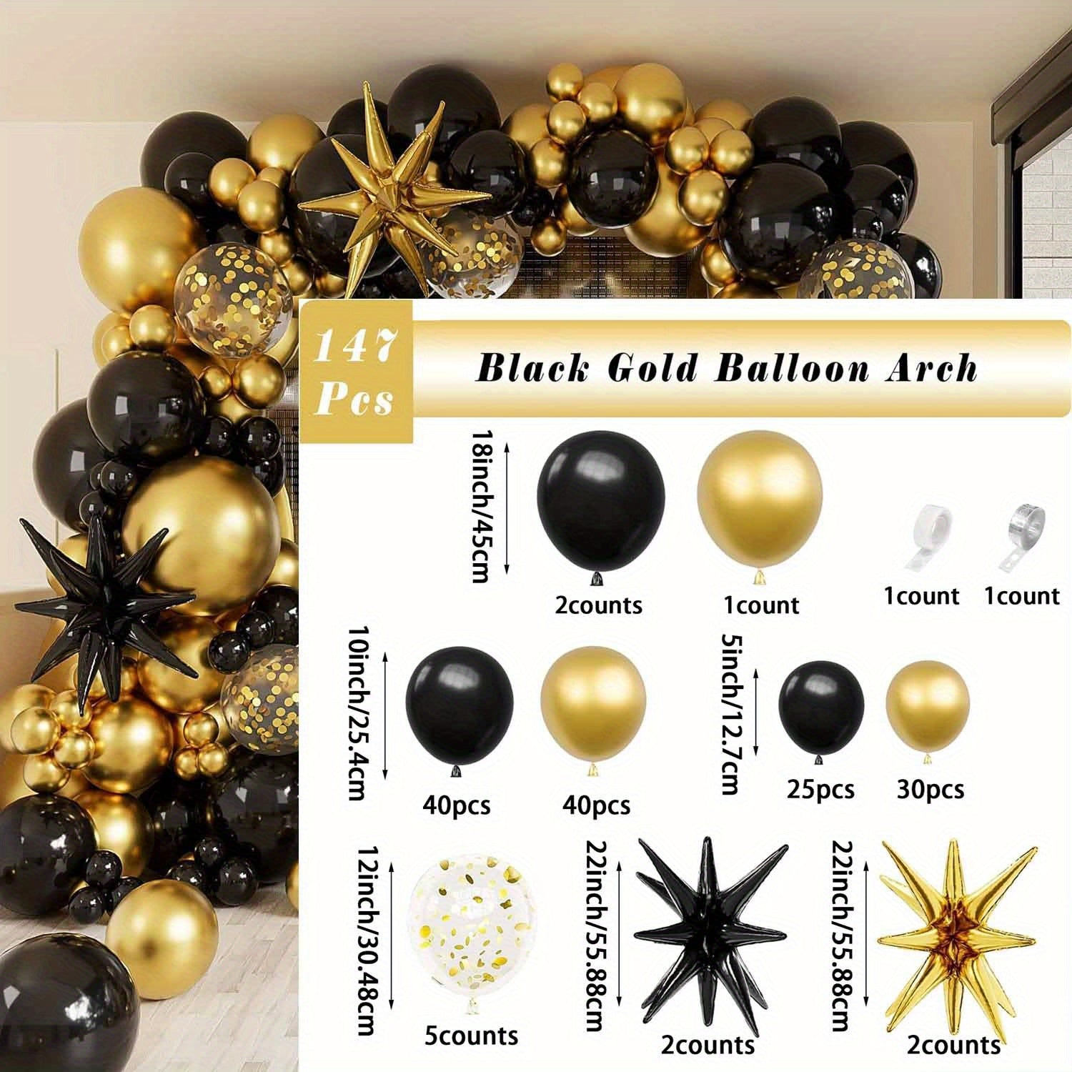 147/112pcs Luxe Balloon Arch Kit - Black, Golden & Silvery with Exploding Star Foil & Glitter Accents for Birthdays, Weddings, Anniversaries & Graduations - Versatile Indoor/Outdoor Party Decor
