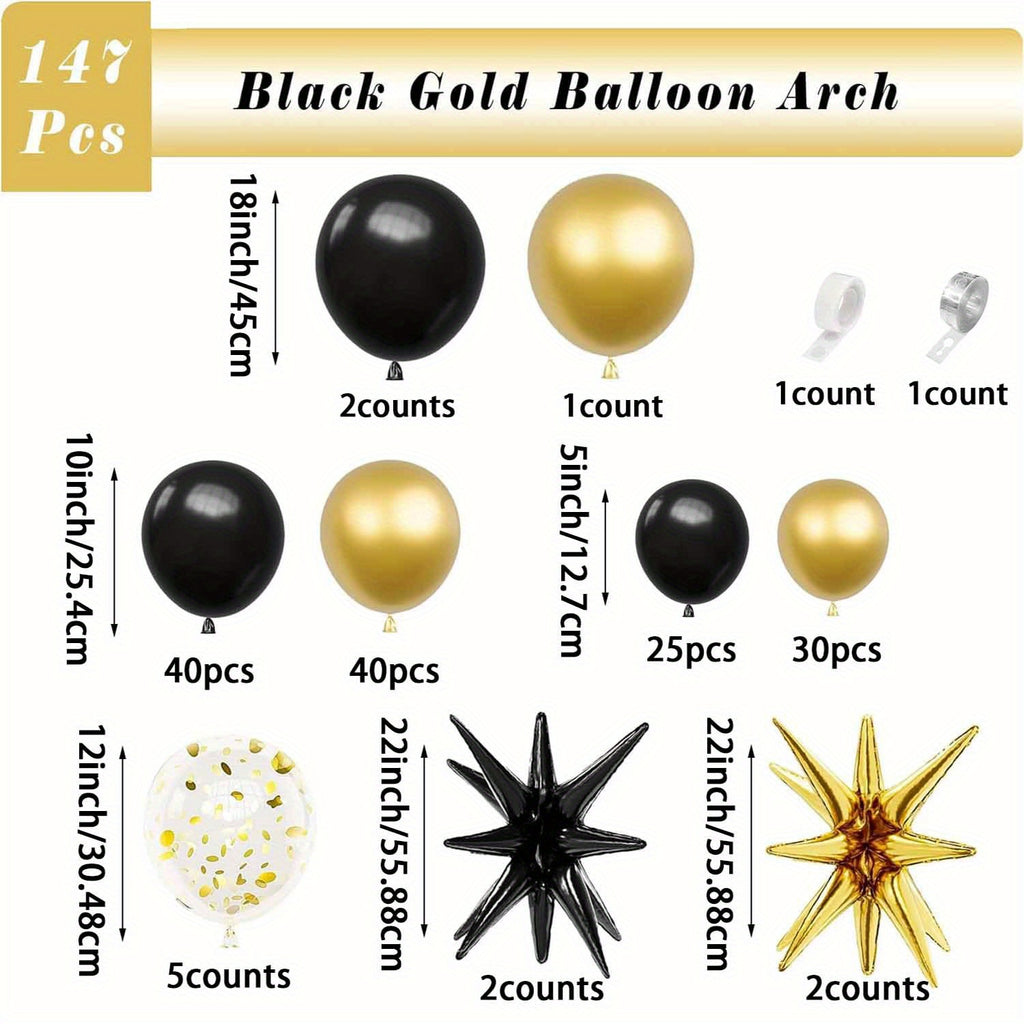 147/112pcs Luxe Balloon Arch Kit - Black, Golden & Silvery with Exploding Star Foil & Glitter Accents for Birthdays, Weddings, Anniversaries & Graduations - Versatile Indoor/Outdoor Party Decor