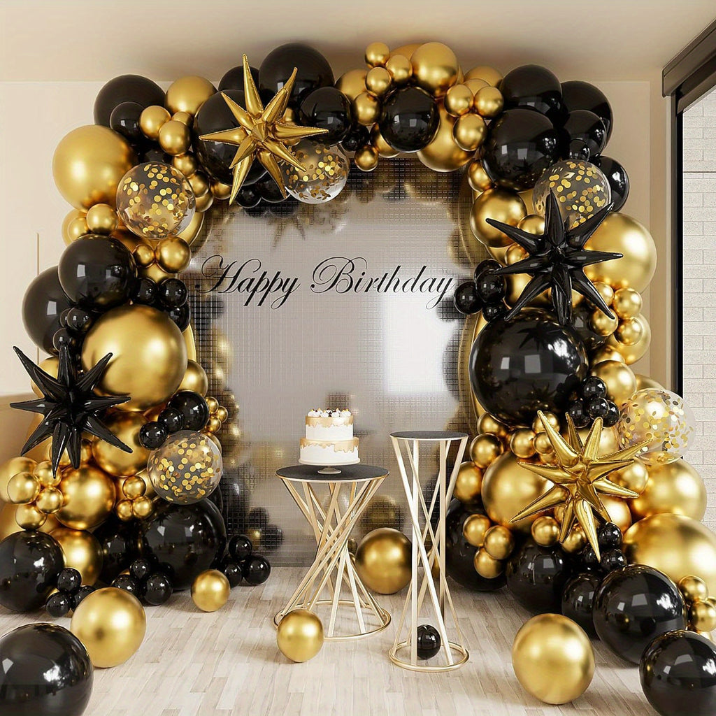 147/112pcs Luxe Balloon Arch Kit - Black, Golden & Silvery with Exploding Star Foil & Glitter Accents for Birthdays, Weddings, Anniversaries & Graduations - Versatile Indoor/Outdoor Party Decor