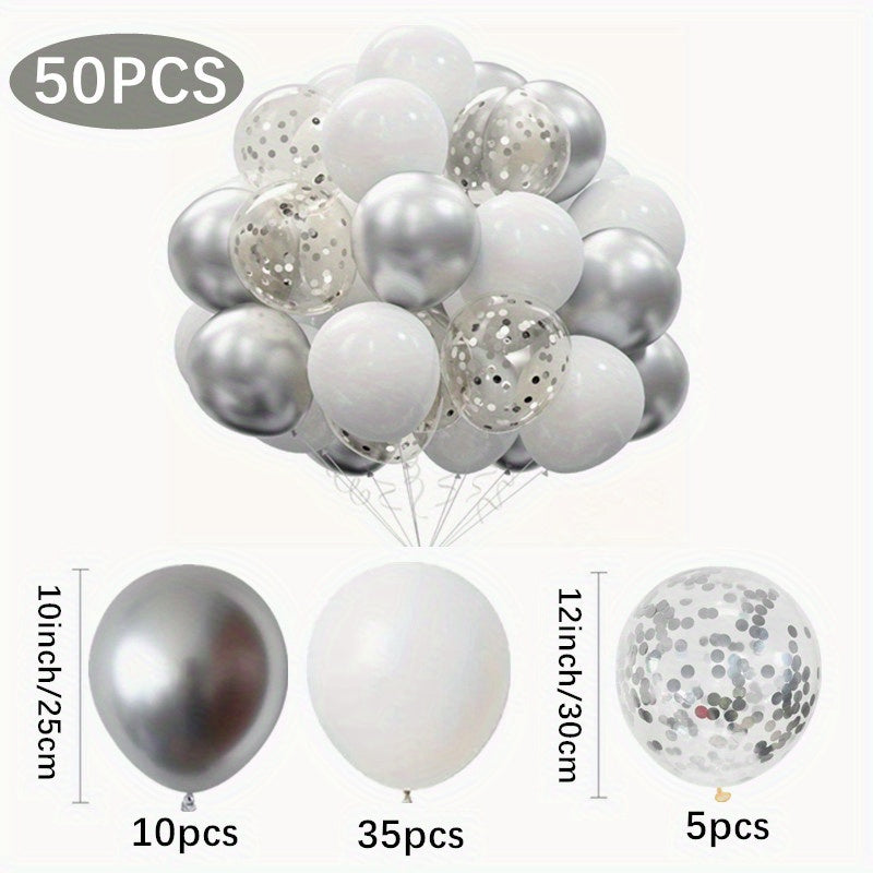 50pcs Elegant White & Silvery Balloons - 12 Inch Matte Metallic Latex, Perfect for Birthday, Shower, Bridal, Wedding, Anniversary, And Prom Decorations, Birthday Photo Prop, Party Scene Enhancer, Birthday Party Decor | Elegan
