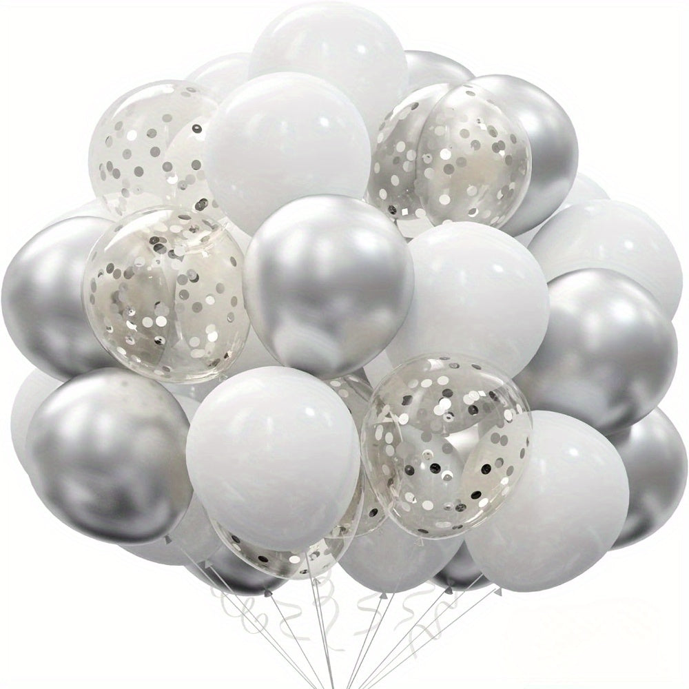 50pcs Elegant White & Silvery Balloons - 12 Inch Matte Metallic Latex, Perfect for Birthday, Shower, Bridal, Wedding, Anniversary, And Prom Decorations, Birthday Photo Prop, Party Scene Enhancer, Birthday Party Decor | Elegan