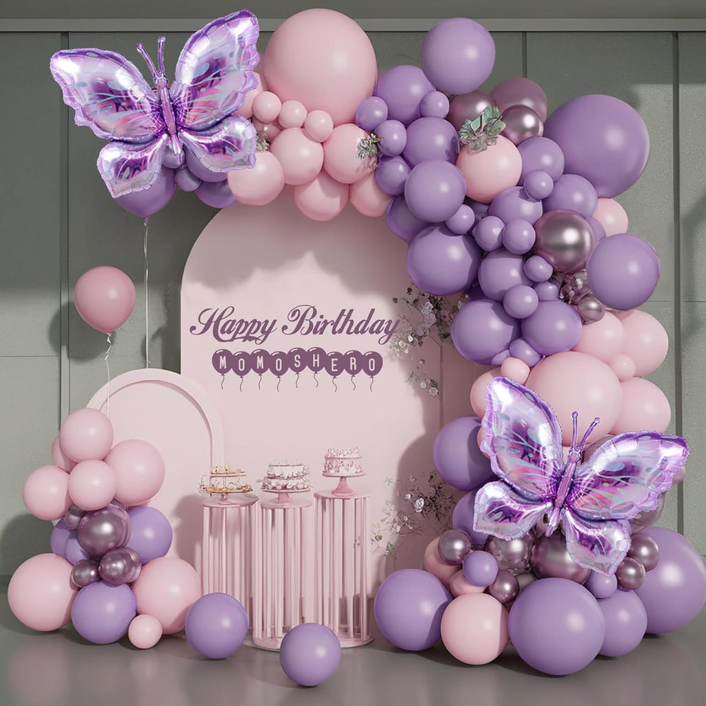 126pcs Butterfly Themed Balloon Garland Arch Kit - Purple Aluminum Film & Latex Balloons for Wedding, Bridal Shower, Birthday, Anniversary, Baptism Party Decorations - No Electricity Needed