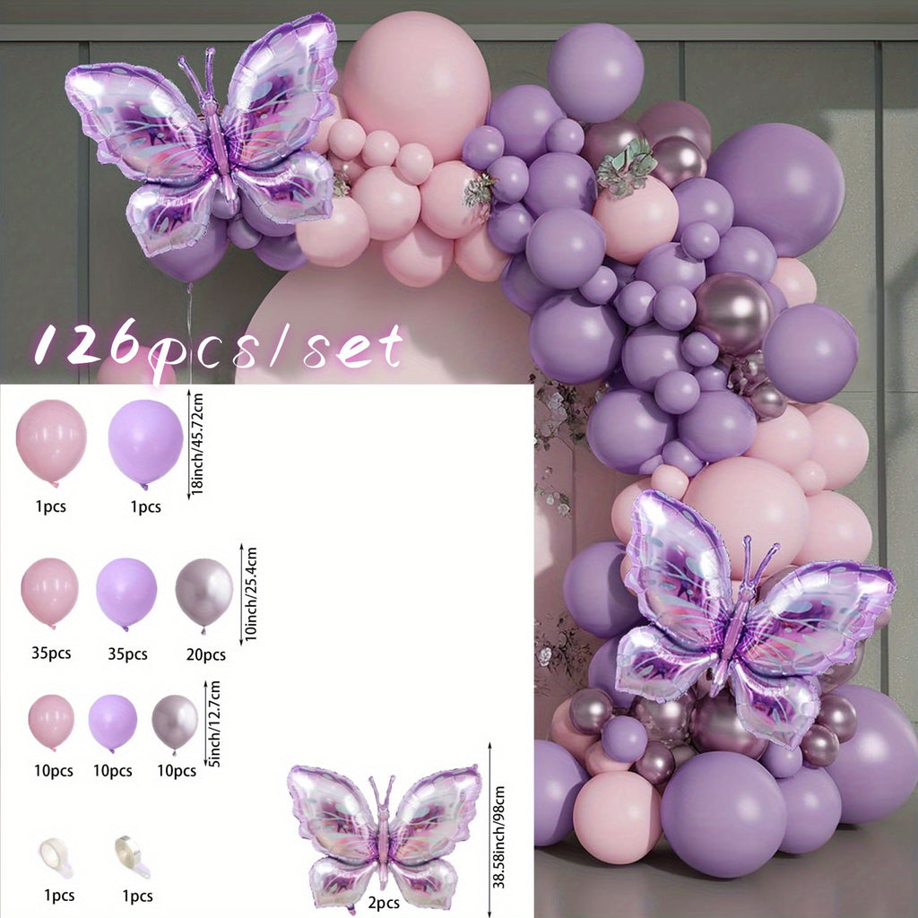 126pcs Butterfly Themed Balloon Garland Arch Kit - Purple Aluminum Film & Latex Balloons for Wedding, Bridal Shower, Birthday, Anniversary, Baptism Party Decorations - No Electricity Needed