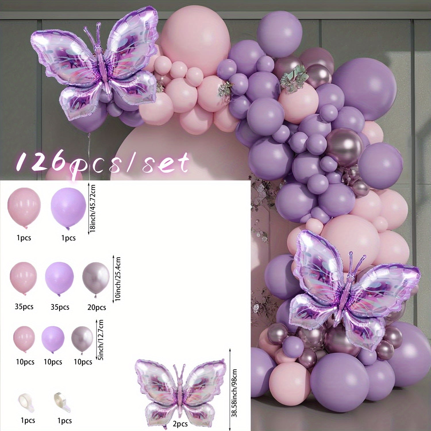 126pcs Butterfly Themed Balloon Garland Arch Kit - Purple Aluminum Film & Latex Balloons for Wedding, Bridal Shower, Birthday, Anniversary, Baptism Party Decorations - No Electricity Needed