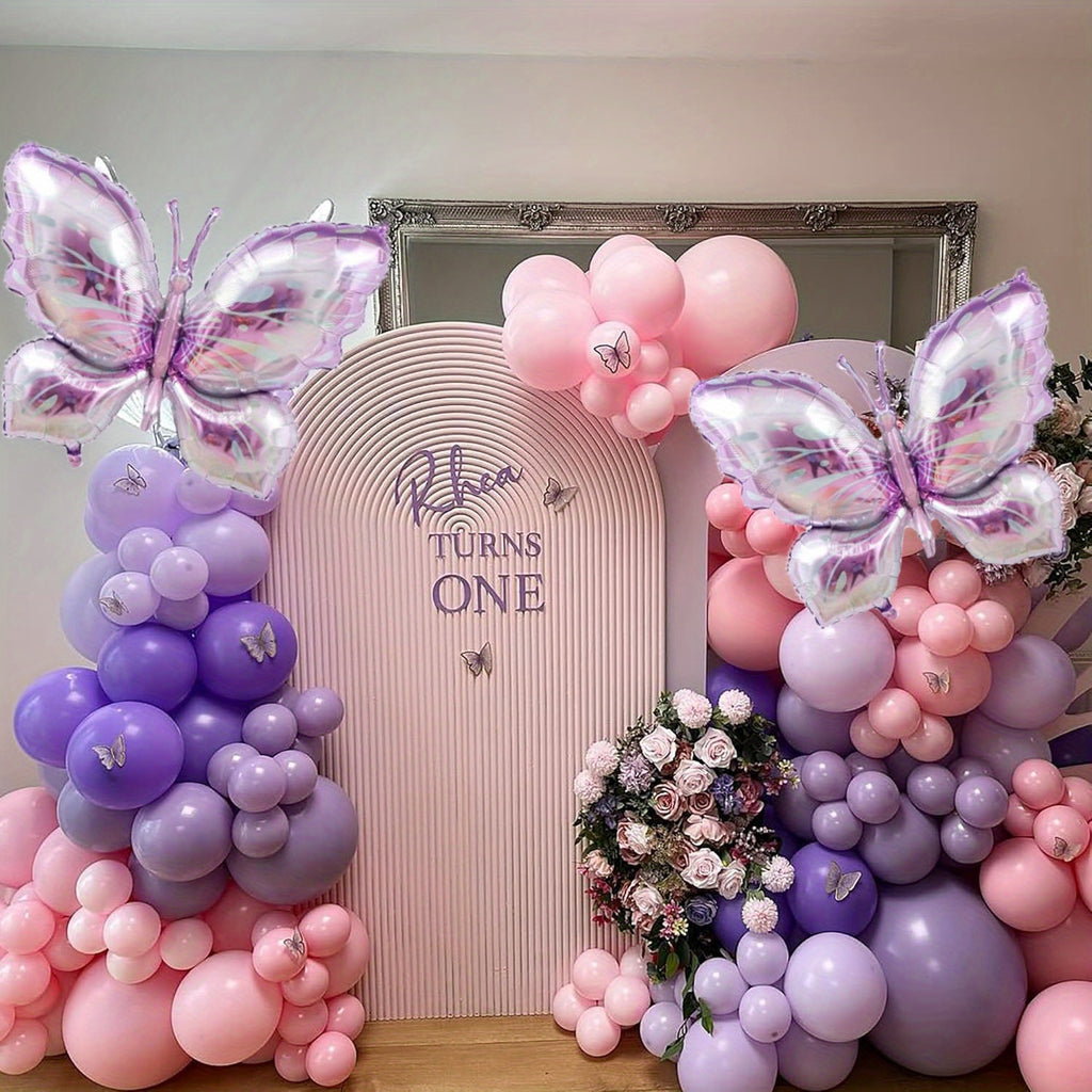 126pcs Butterfly Themed Balloon Garland Arch Kit - Purple Aluminum Film & Latex Balloons for Wedding, Bridal Shower, Birthday, Anniversary, Baptism Party Decorations - No Electricity Needed