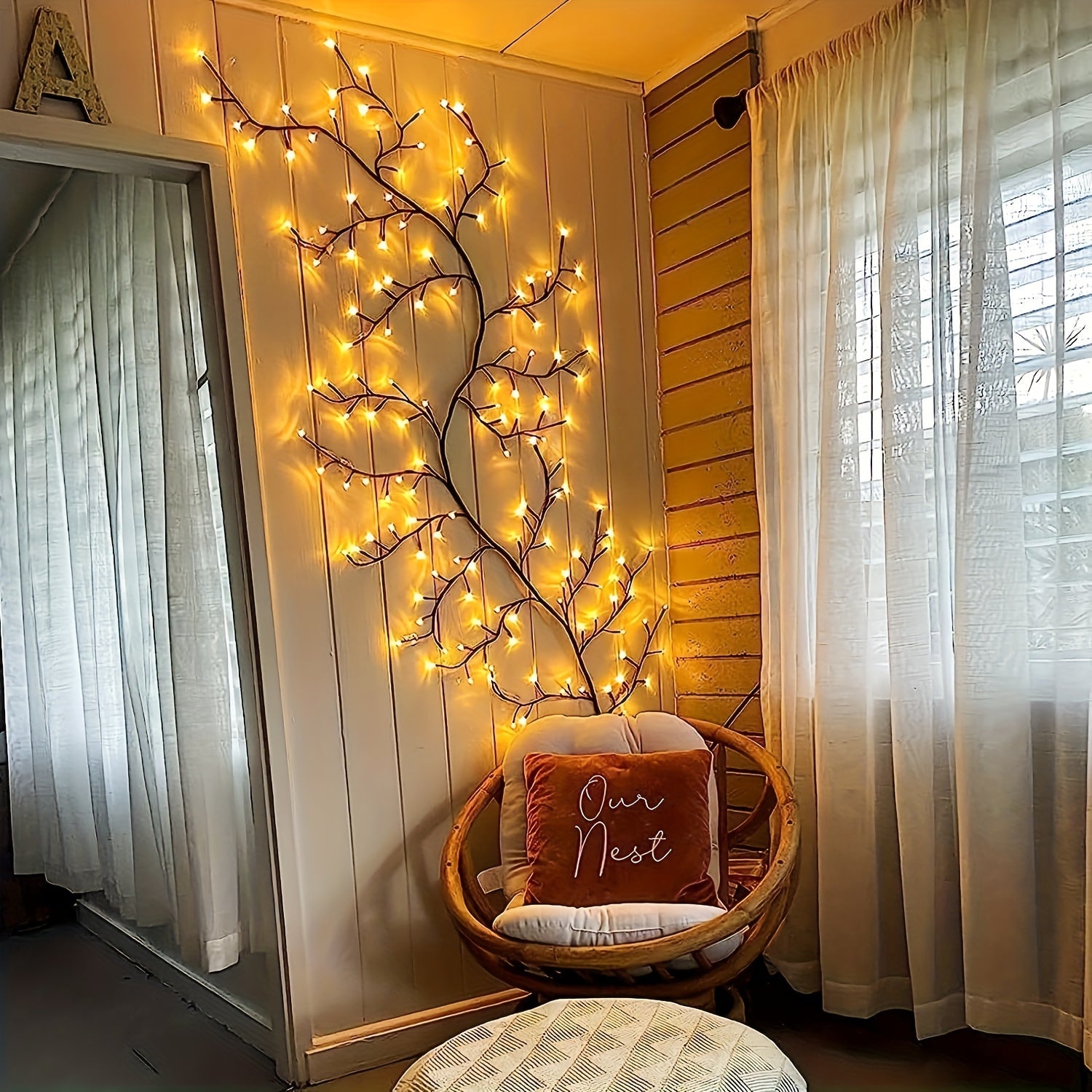 1pc Indoor Wall Decoration Artificial Plant Tree Branch Lamp, 96 LED Lit Willow Wall Lamp, For Bedroom Living Room Decoration Aesthetics Halloween Christmas Gift