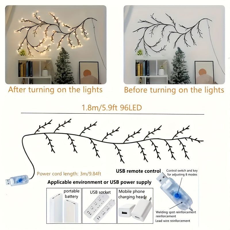 1pc Indoor Wall Decoration Artificial Plant Tree Branch Lamp, 96 LED Lit Willow Wall Lamp, For Bedroom Living Room Decoration Aesthetics Halloween Christmas Gift