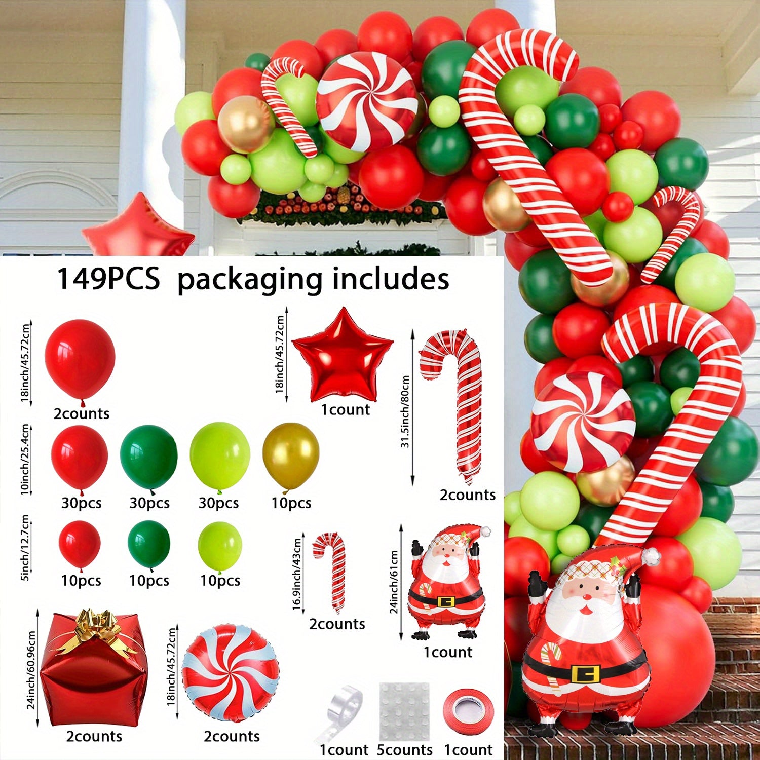 149pcs Christmas Balloon Arch Kit - Festive Red, Golden & Green Latex & Foil Balloons with Santa, Candy Canes & More - Perfect for Holiday Party Decorations