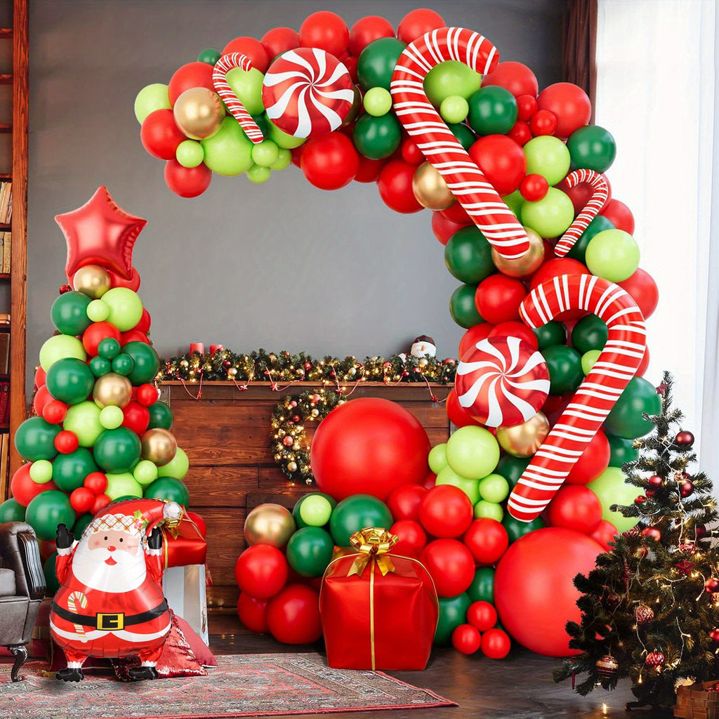 149pcs Christmas Balloon Arch Kit - Festive Red, Golden & Green Latex & Foil Balloons with Santa, Candy Canes & More - Perfect for Holiday Party Decorations