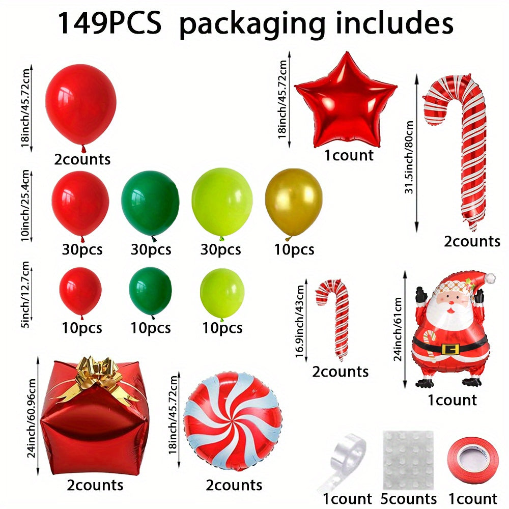 149pcs Christmas Balloon Arch Kit - Festive Red, Golden & Green Latex & Foil Balloons with Santa, Candy Canes & More - Perfect for Holiday Party Decorations