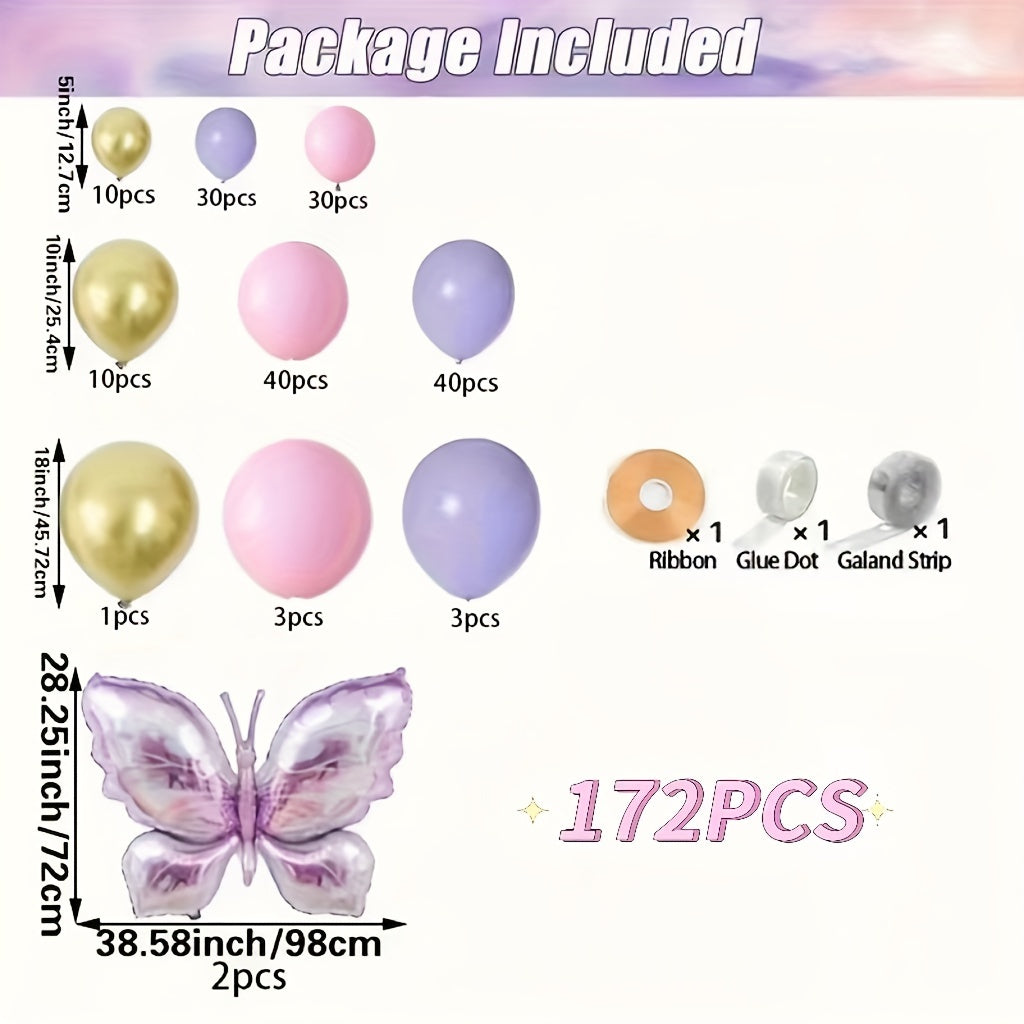 Mixed Color Aluminum Film Butterfly Themed Balloon Garland Kit - 172pcs with Curling Ribbon - Ages 14+, for Birthdays, Mother'S Day, and Seasonal Celebrations