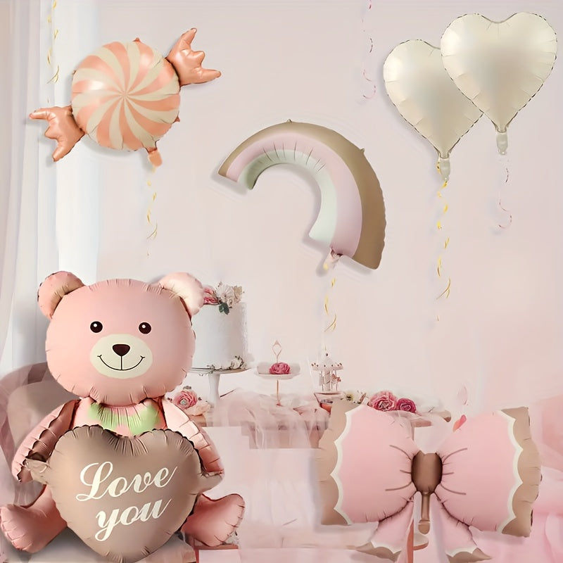 [Mixed Colors Aluminum Film Balloons] 6pcs Bear & Candy Balloon Set - Perfect for Birthdays, Anniversaries, Engagements | Mixed Colors, Oval Shape, Aluminum Film