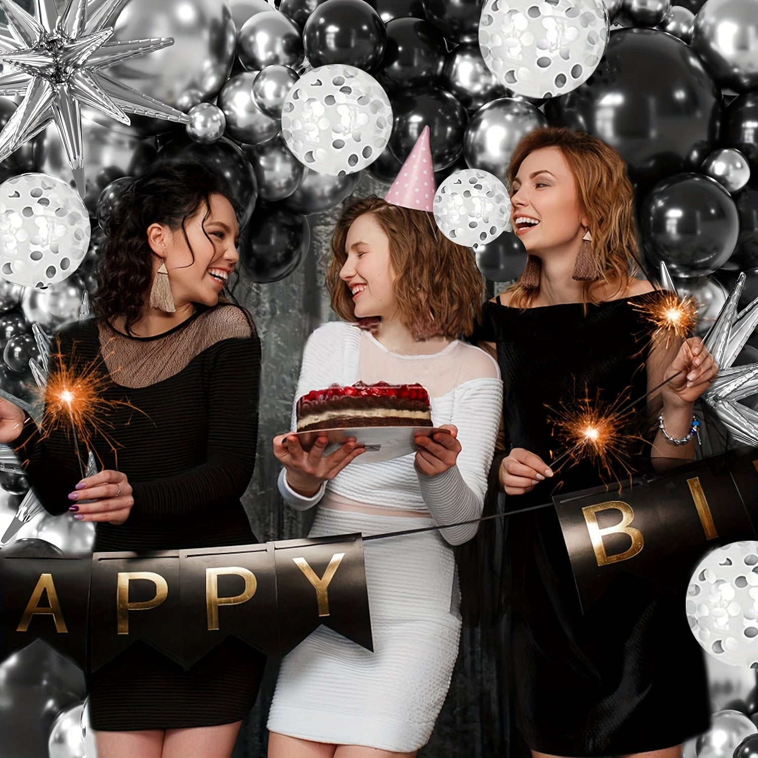 147/112pcs Luxe Balloon Arch Kit - Black, Golden & Silvery with Exploding Star Foil & Glitter Accents for Birthdays, Weddings, Anniversaries & Graduations - Versatile Indoor/Outdoor Party Decor