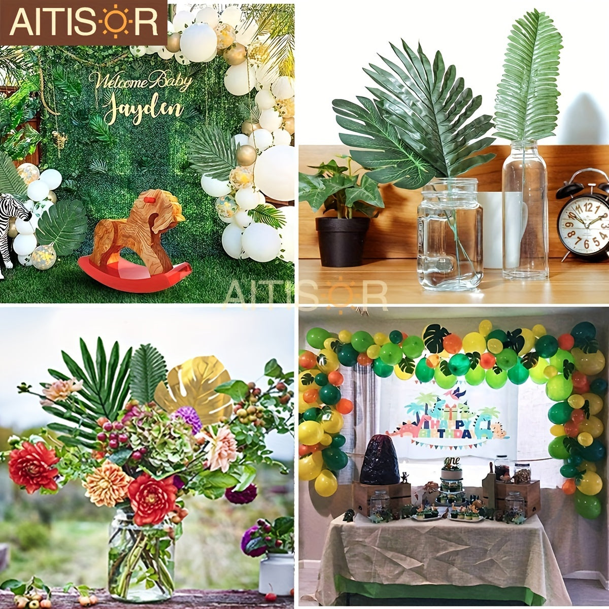 72pcs 10 Kinds Artificial Tropical Palm Leaves Tropical Leaves Monstera Leaves Safari Jungle Leaf with Stems for Hawaiian Luau Party Beach Table Wedding Shower Birthday Theme Decorations