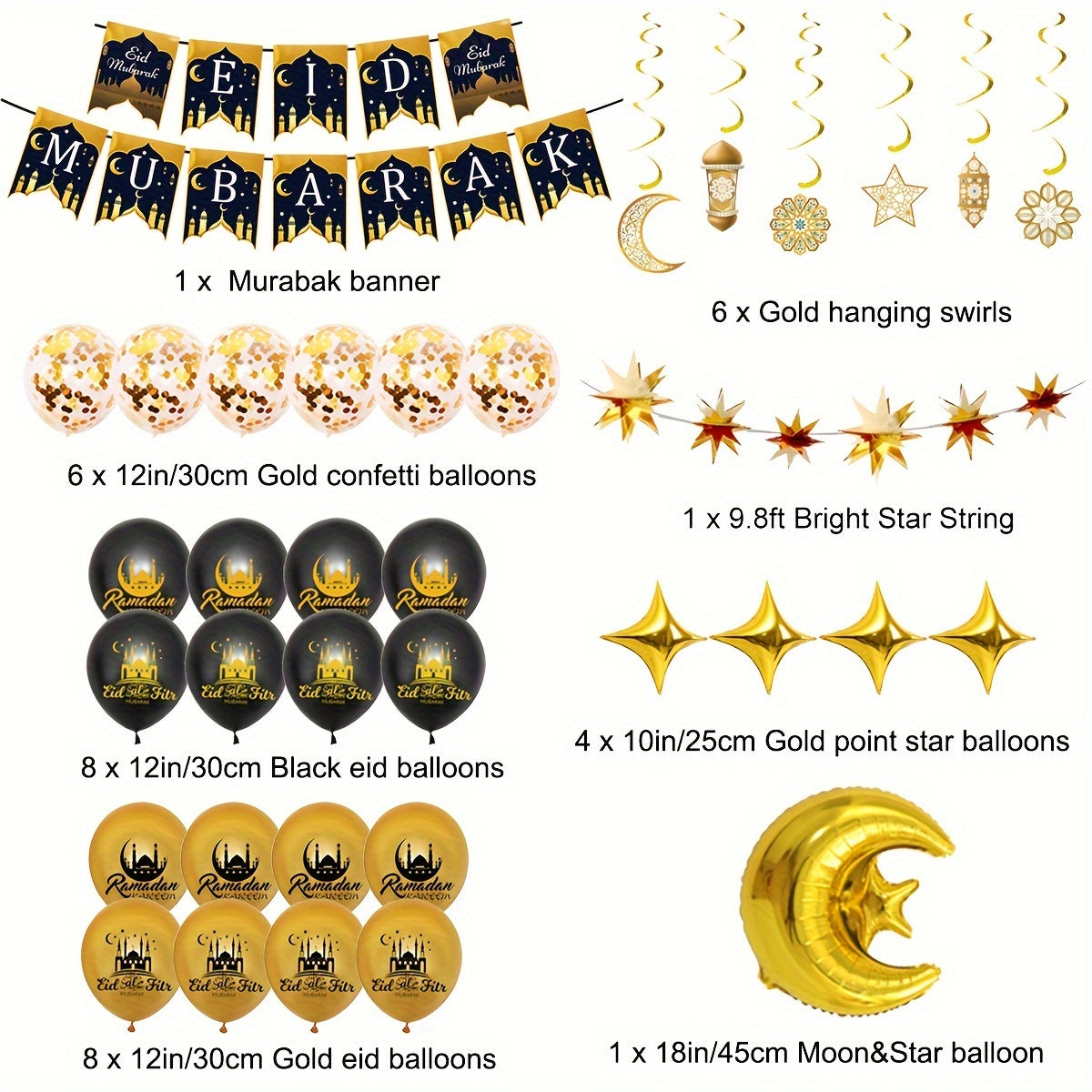 Eid Mubarak Balloons Set, Black & Golden Ramadan Decor, Muslim Festival Party Supplies, Latex Balloons with Eid Banner, Star & Moon Spiral Hanging Ornaments, Blue & Golden Ramadan Balloon Backdrop for Home & Kitchen