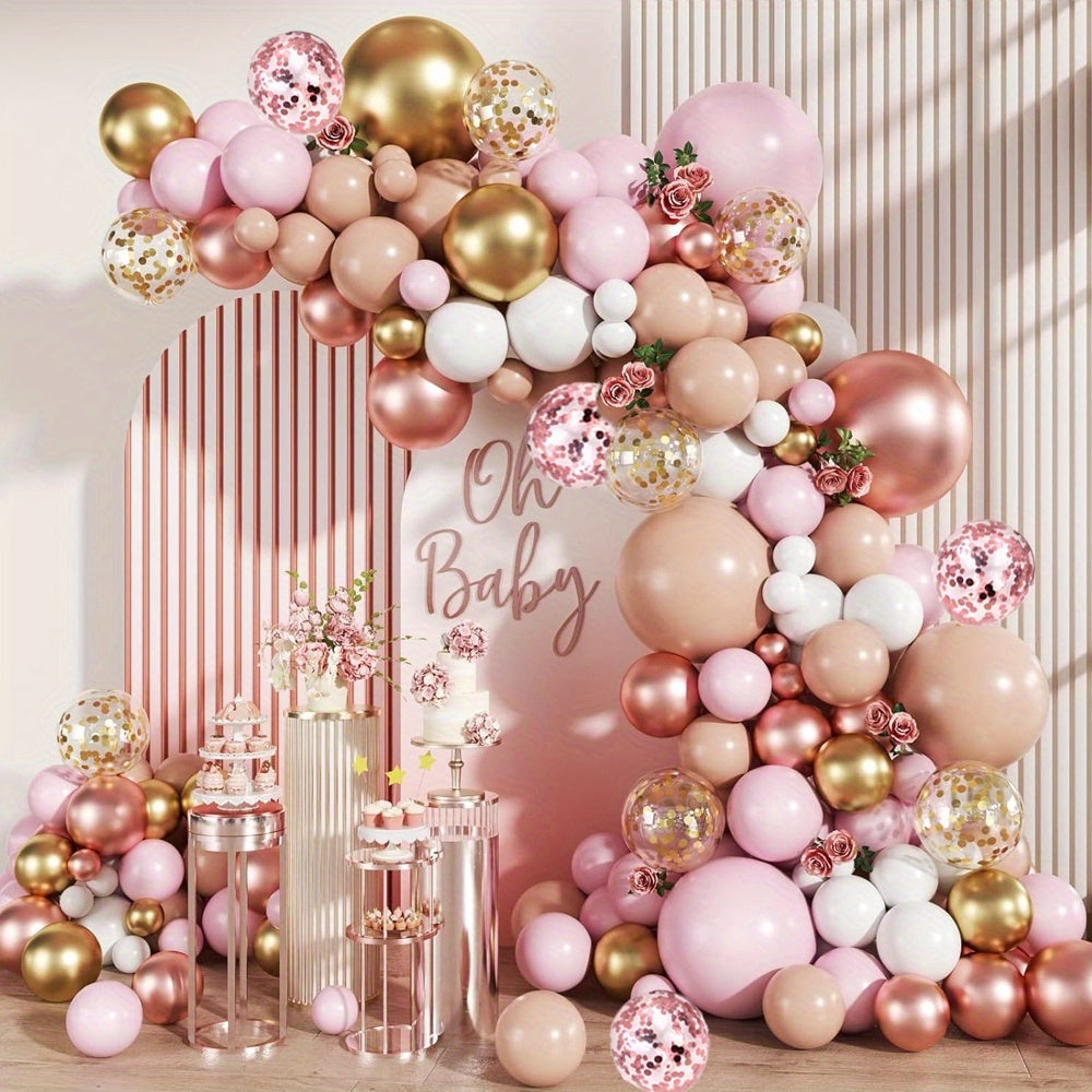 Rose Golden Balloon Garland Kit, 130pcs Nude Pink Golden & White Balloons With Confetti For Wedding, & Bridal Shower Decorations, Girl Birthday Party Decor