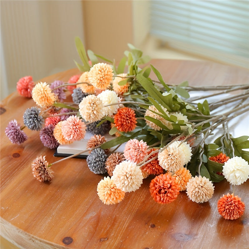 5pcs Autumn Dandelion Simulation Flowers, Artificial Flowers Ball Chrysanthemums, Autumn Thanksgiving Halloween Harvest Decor, Autumn Decor, Home Decor, Room Decor, Wedding Decor