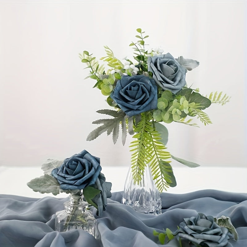 [Dusty Blue Roses for Wedding] 25pcs Dusty Blue Artificial Roses - Perfect for DIY Wedding - Bouquets, Boutonnieres, Centerpieces