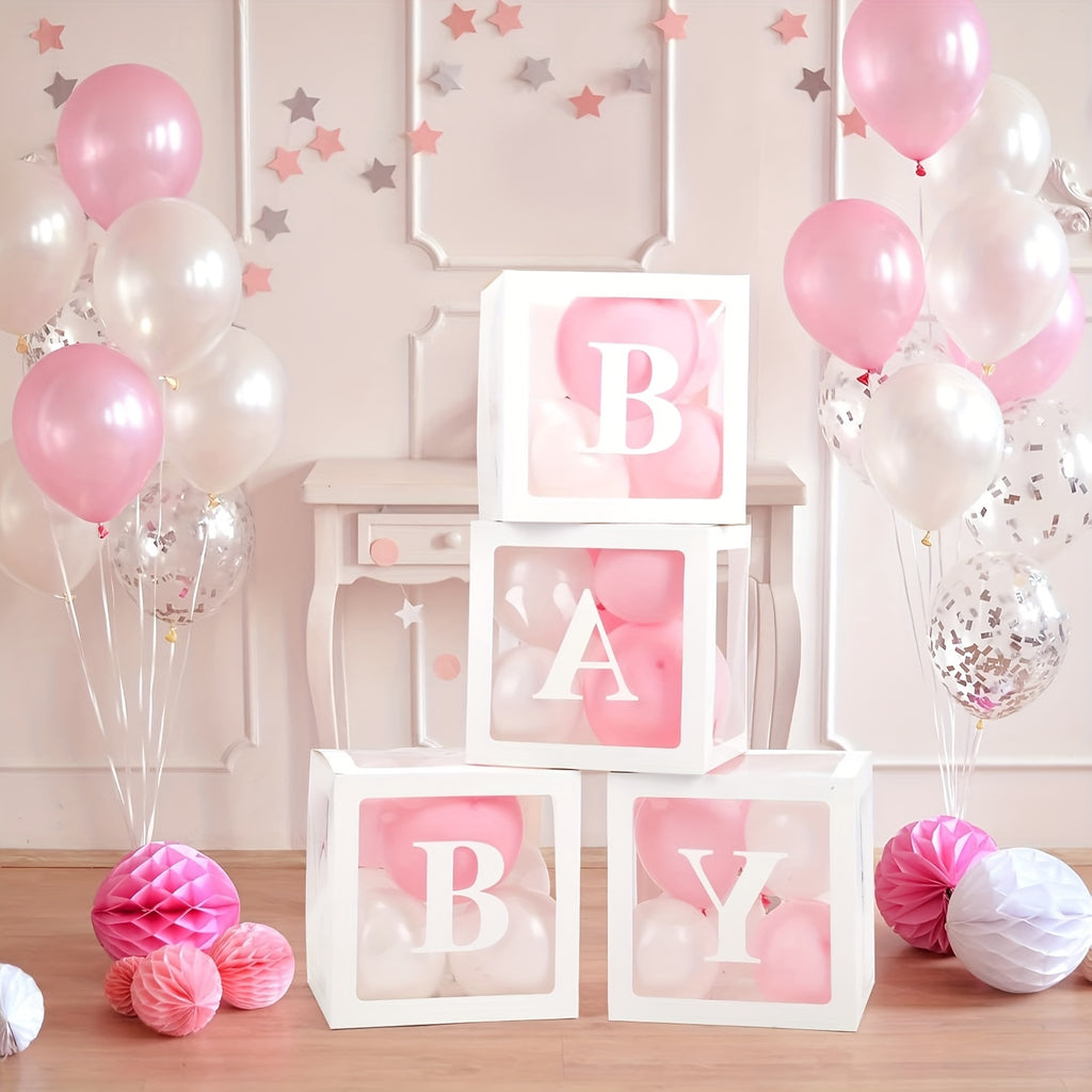 9.85-Inch White Transparent Youngsters Letter Gift Box - Elegant Square Balloon Box for Youngsters Showers, Birthdays & Gender Reveals (Balloons Not Included), Celebration Decoration | Modern Gift Box | Paperboard Constructio