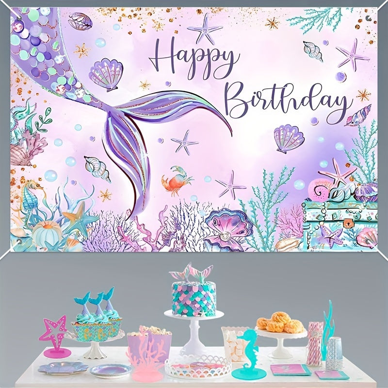 109pcs Mermaid Themed Background Cloth Balloon Tablecloth Set, Purple Mermaid Balloon Set, Mermaid Tail Balloons Arch Kit With Background Banner, Birthday Decorations Baby Shower Event And Party Supplies