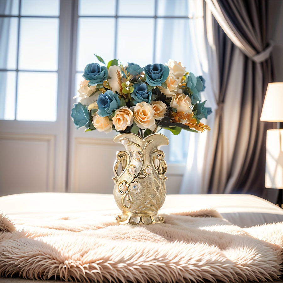A Set of Artificial Roses with a Golden Ceramic Decorative Vase, Including a Small Vase, Two Bundles of Artificial Flowers, And a Flower Mat, Suitable for Decorating Dining Tables, Weddings, Bedrooms, Hotels, Restaurants, Bar