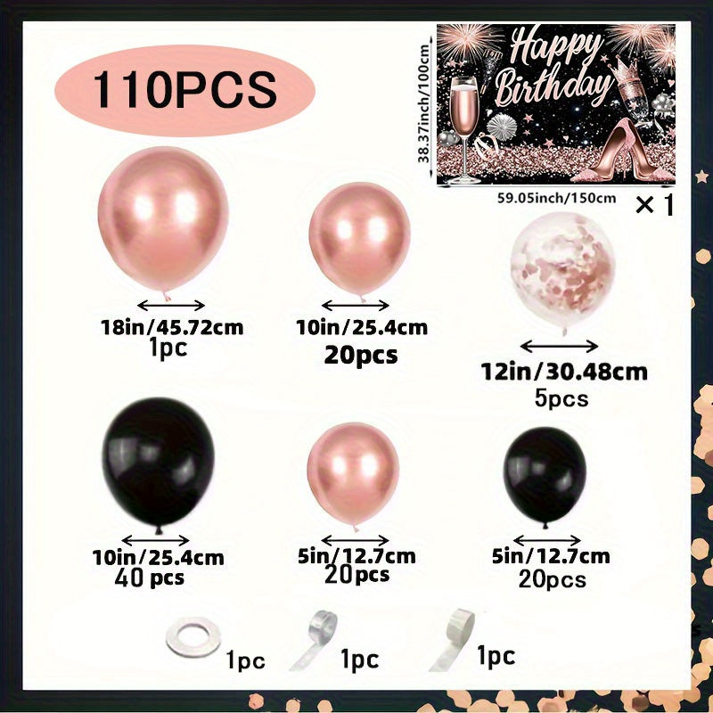 Rose Golden and Black 110pcs Balloon Arch Kit with "Happy Birthday" Backdrop, Metallic Rose Golden & Black Balloons in 18, 12, 10, 5 Inch Sizes for Birthday Party Bridal Shower Wedding Anniversary Decoration Halloween&Christm