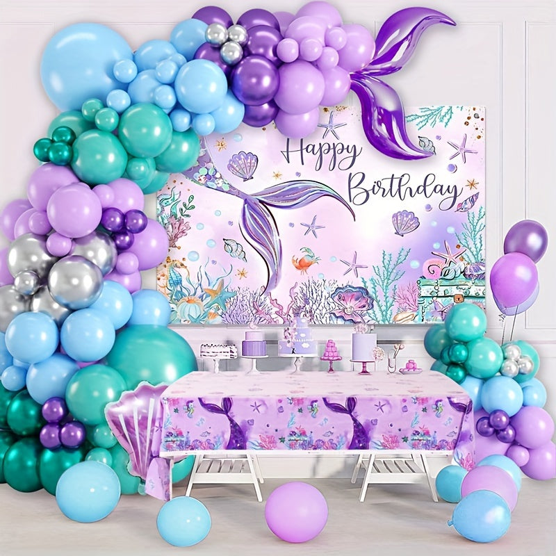 109pcs Mermaid Themed Background Cloth Balloon Tablecloth Set, Purple Mermaid Balloon Set, Mermaid Tail Balloons Arch Kit With Background Banner, Birthday Decorations Baby Shower Event And Party Supplies