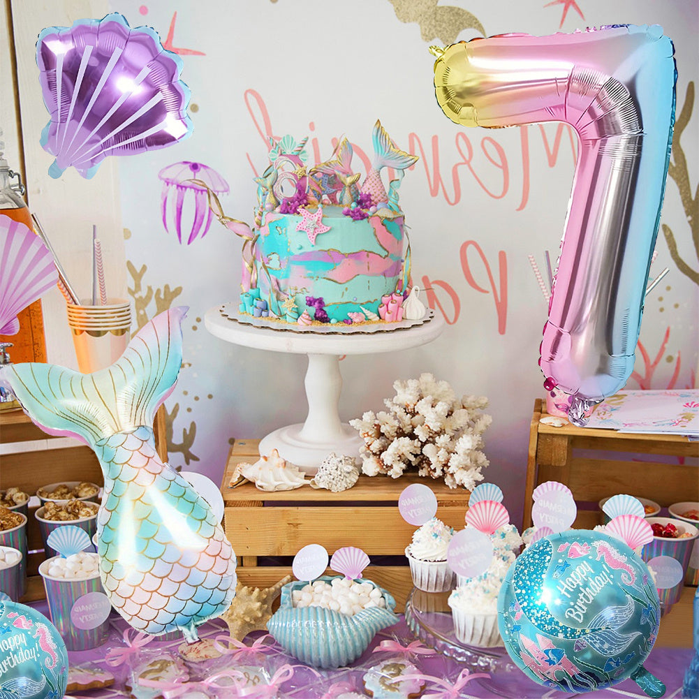 6pcs Ocean-Themed Birthday Balloon Set - Large Number 1-7 with Mermaid Tails & Seashells, Colorful Aluminum Foil, Perfect for Sea Creature Party Decorations