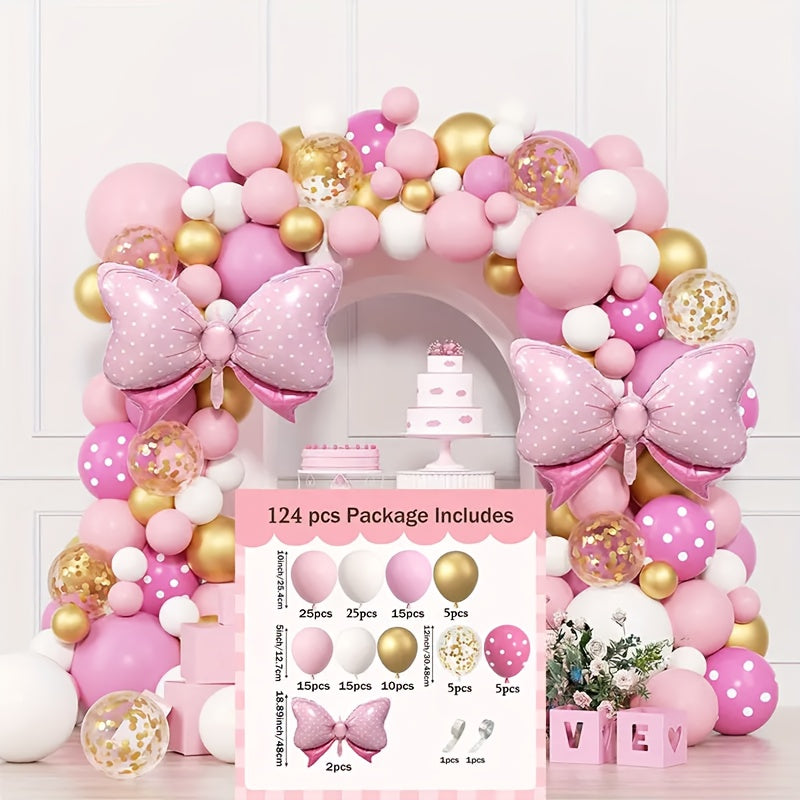 Pink Balloon Arch Set, Pink Bow, Metallic Golden Sequin Balloon, Polka Dot Balloon, 124pcs, for Proposal, Wedding Decoration, Baptism Shower Ceremony, Holiday Celebration, Birthday Party Decoration, Etc. Helloween Christmas