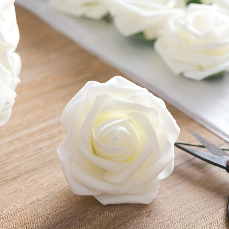 Ivory Artificial Roses, 25pcs - DIY Wedding Flowers with Stem for Bouquets, Boutonnieres, Centerpieces, Party Supplies, Holiday Decorations