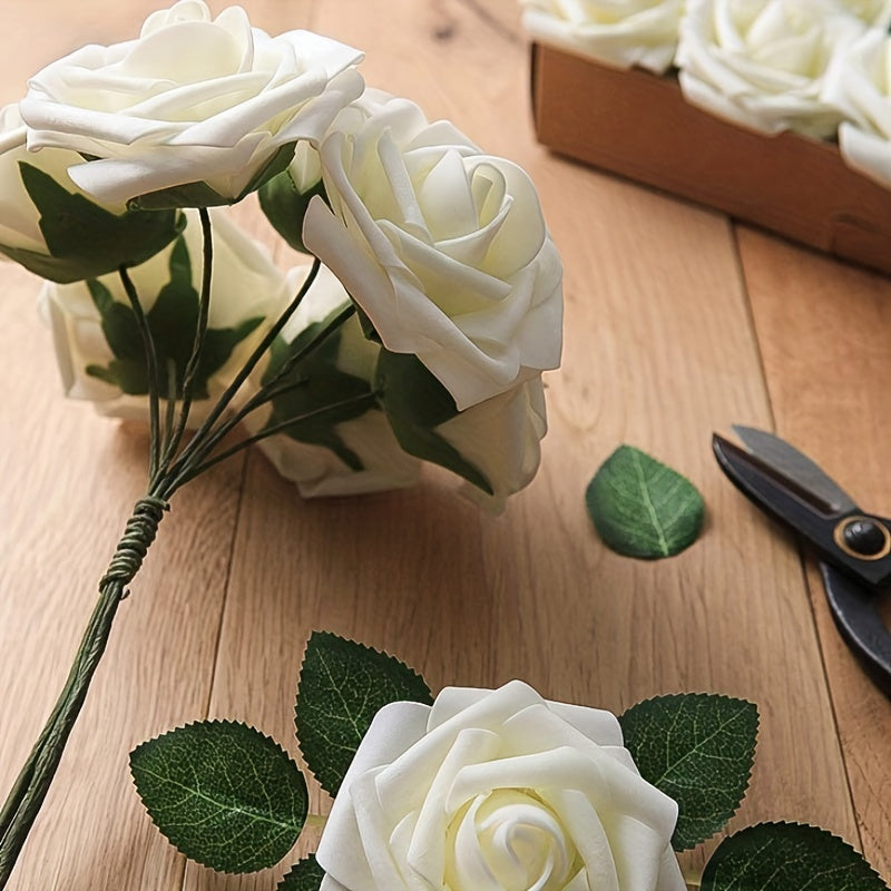 Ivory Artificial Roses, 25pcs - DIY Wedding Flowers with Stem for Bouquets, Boutonnieres, Centerpieces, Party Supplies, Holiday Decorations