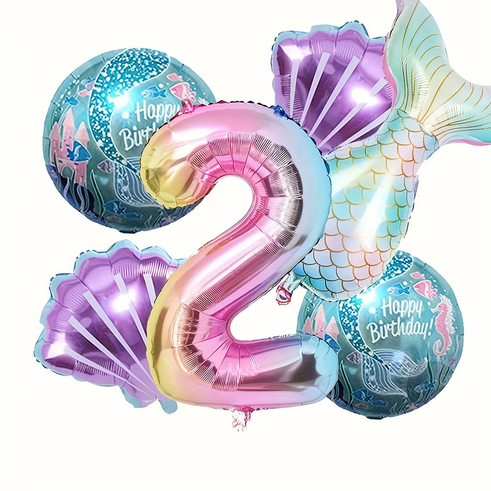 6pcs Ocean-Themed Birthday Balloon Set with Mermaid Tails & Seashells - Vibrant Mixed Colors, Durable Aluminum Foil, Includes Number 1-7 Balloons for Under the Sea Celebrations