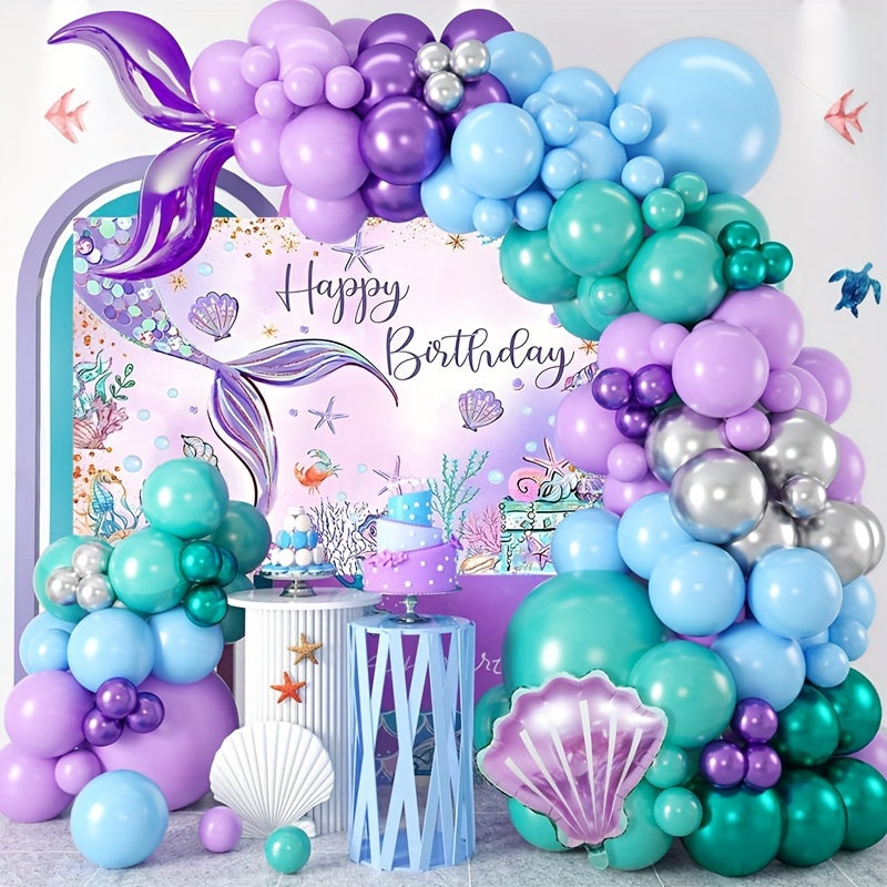 109pcs Mermaid Themed Background Cloth Balloon Tablecloth Set, Purple Mermaid Balloon Set, Mermaid Tail Balloons Arch Kit With Background Banner, Birthday Decorations Baby Shower Event And Party Supplies